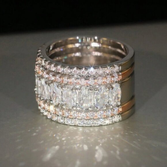18k White Gold Diamond Ring Band Two Tone Ring Silver & Rose Gold - Picture 6 of 7